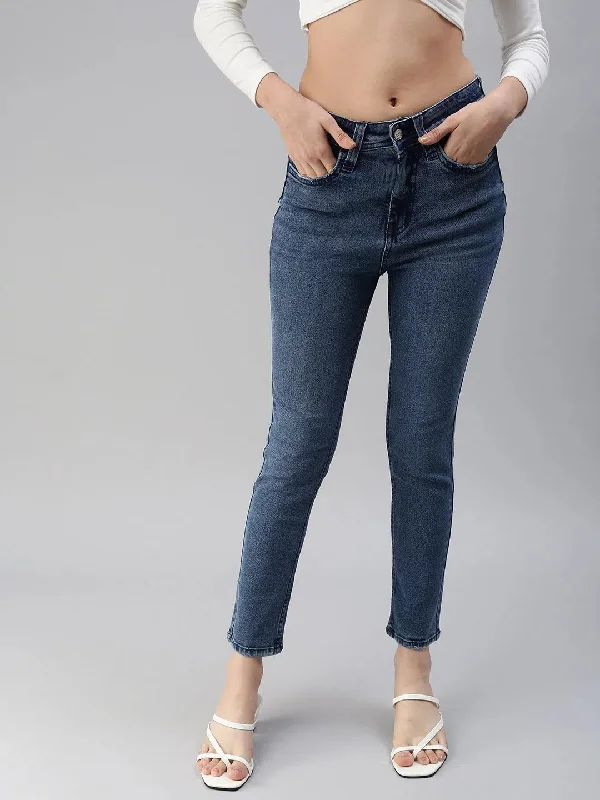 Women's Blue Solid Denim Slim Jeans-GZ-5145-Blue Trendy Wide-Leg High-Waist Denim