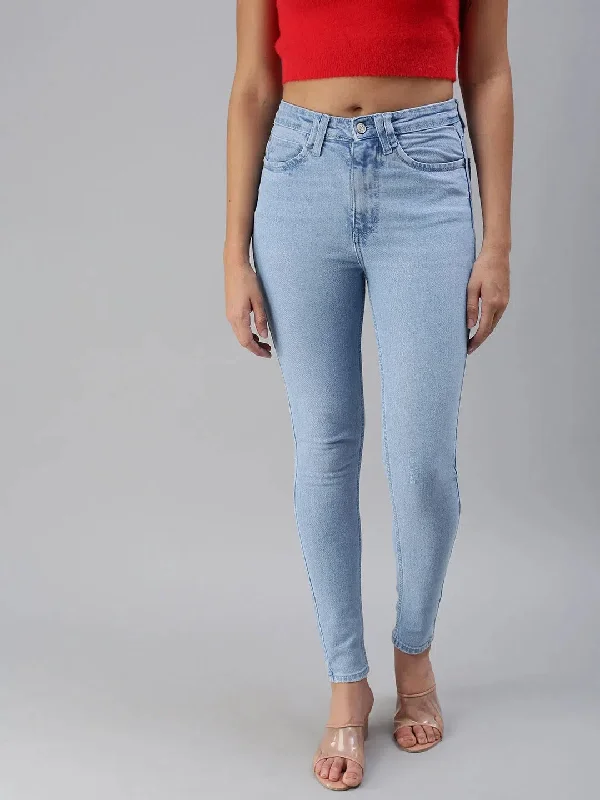 Women's Blue Solid Denim Slim Jeans-GZ-5158-Blue Trendy Cut-Off Denim Shorts