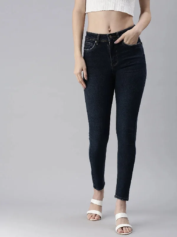 Women's Blue Solid Denim Slim Jeans-GZ-5162-Blue Casual Skinny Fit Jeans