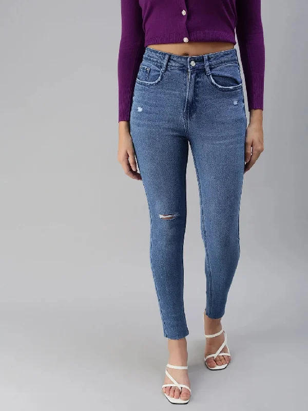 Women's Blue Solid Denim Slim Jeans-GZ-5163-Blue Trendy Bootcut High-Waisted Jeans