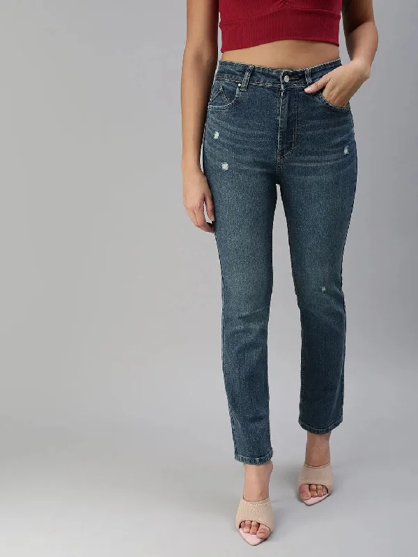Women's Blue Solid Denim Straight Jeans-GZ-5127B-Blue Casual Skinny Fit Jeans