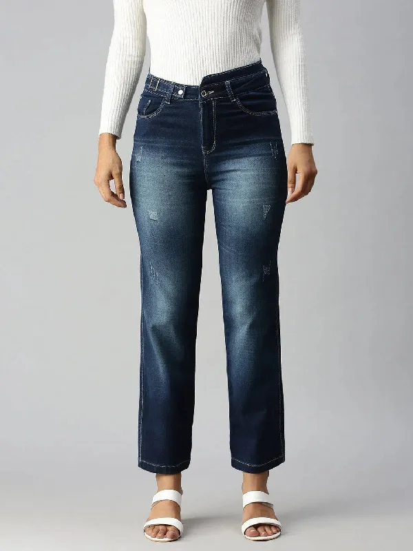 Women's Blue Solid Denim Straight Jeans-LT105364-Blue Comfortable Low-Rise Jeans