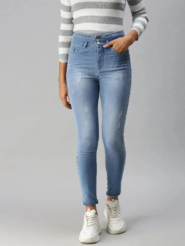 Women's Blue Solid Slim Fit Denim Jeans-LT-22099B-Blue Stylish Acid-Wash Jeans
