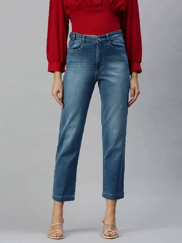 Women's Blue Solid Straight Fit Denim Jeans-IM-9765A-Blue Stylish Tapered Fit Jeans