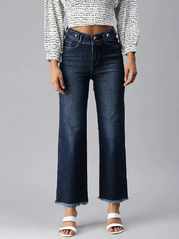 Women's Blue Solid Wide Leg Denim Jeans-IM-9825-Blue Comfortable Jogger Style Jeans
