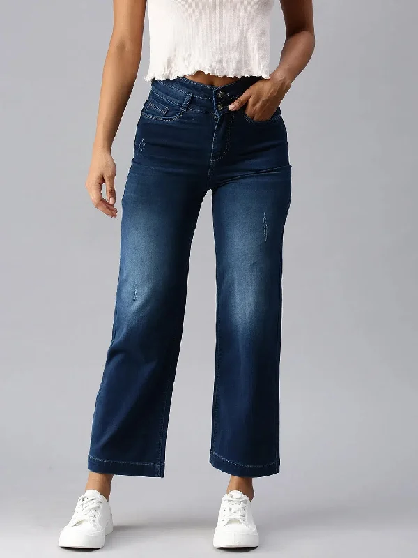 Women's Blue Solid Wide Leg Denim Jeans-IM-9867-Blue Stylish Cargo Style Jeans