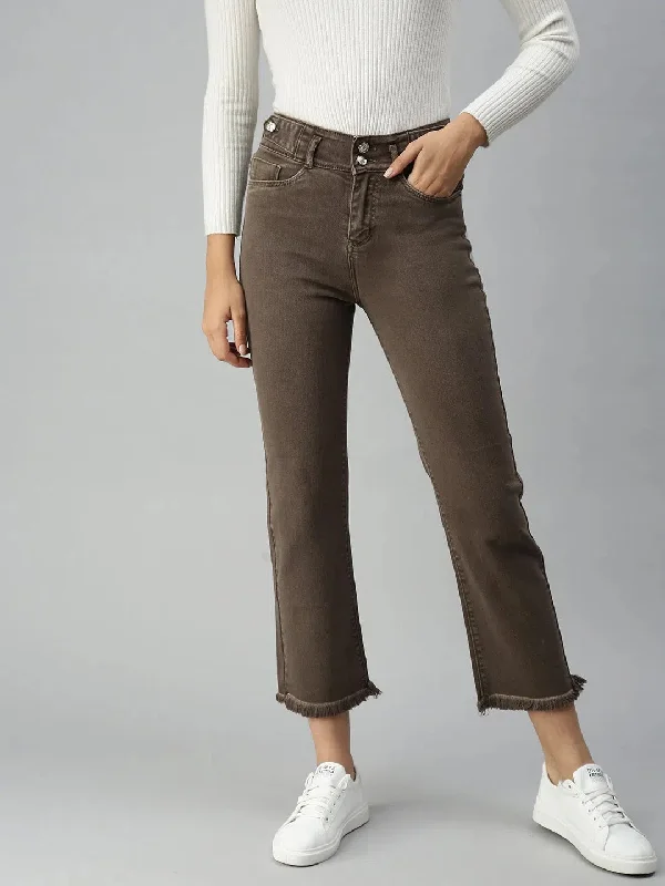 Women's Brown Solid Denim Straight Jeans-IM-9862-Brown Casual Loose Fit Jeans