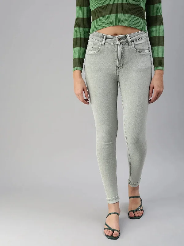 Women's Green Solid Denim Skinny Jeans-GZ-5154-Green Stylish Stone-Wash Denim Jeans