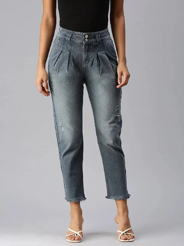 Women's Grey Solid Straight Fit Denim Jeans-IM-9855-Grey Stylish Cargo Style Jeans