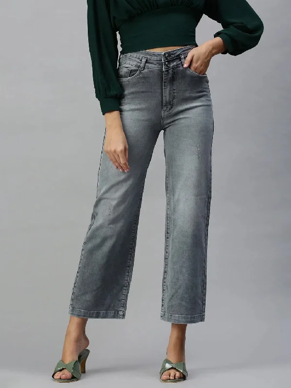 Women's Grey Solid Wide Leg Denim Jeans-IM-9867-Grey Trendy Patchwork Denim Jeans