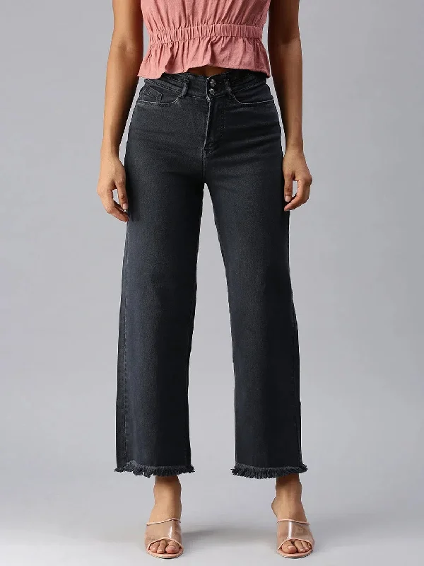 Women's Grey Solid Wide Leg Denim Jeans-IM-9872-Grey Stylish Plus Size Denim Jeans