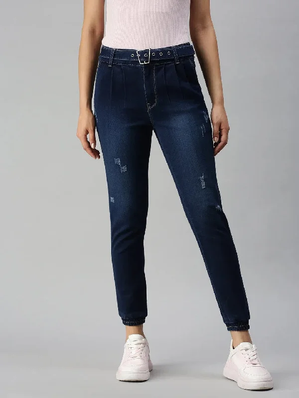 Women's Navy Blue Solid Jogger Denim Jeans-JO-22046-Navyblue Trendy Paperbag Waist Jeans Women's Navy Blue Solid Jogger Denim Jeans-JO-22046-Navyblue Trendy Paperbag Waist Jeans