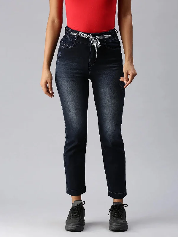 Women's Navy Blue Solid Relaxed Fit Denim Jeans-IM-9851C-Navyblue Chic Double Waistband Jeans Women's Navy Blue Solid Relaxed Fit Denim Jeans-IM-9851C-Navyblue Chic Double Waistband Jeans