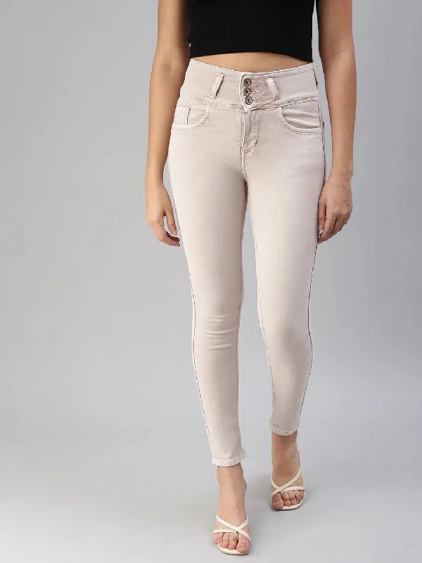 Women's Pink Solid Denim Skinny Jeans-GZ-5153-Pink Trendy Patchwork Denim Jeans