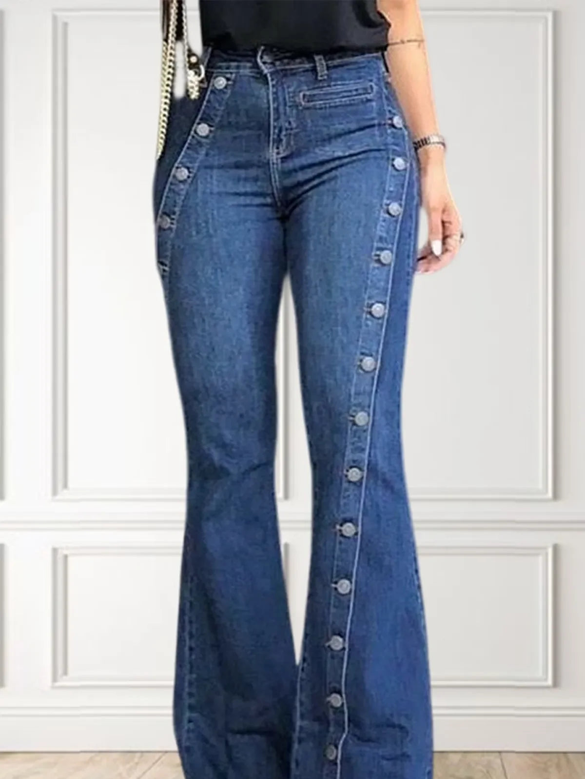 Women's Plus Size Plain Button Decor Flare Leg Long Denim Pants Flare Jeans Fashionable Distressed Jeans