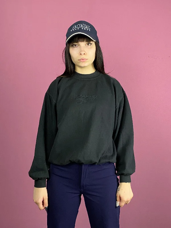 90s Reebok Vintage Women's Sweatshirt - L Black Polyester Blend Hoodie with Raglan Sleeves Sporty Comfortable 90s Reebok Vintage Women's Sweatshirt - L Black Polyester Blend Hoodie with Raglan Sleeves Sporty Comfortable