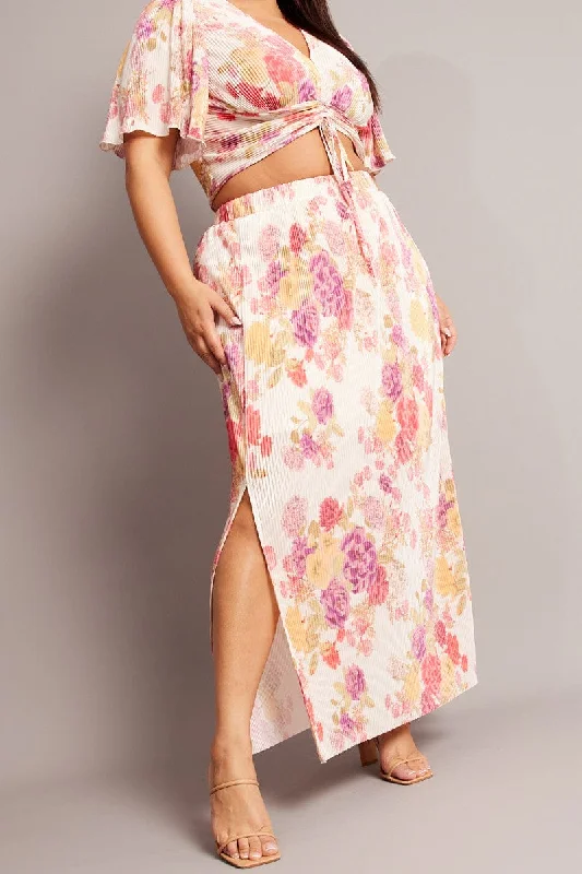 Beige Floral Plisse Maxiskirt lace skirt romantic