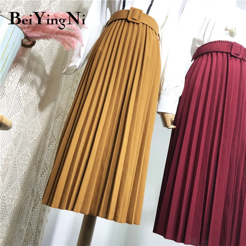 Beiyingni High Waist Women Skirt Casual Vintage Solid Belted Pleated Midi Skirts Lady 11 Colors Fashion Simple Saia Mujer Faldas a-line skirt cut