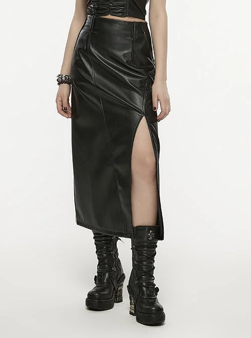 Black Faux Leather A-Line Skirt maxi skirt elegant