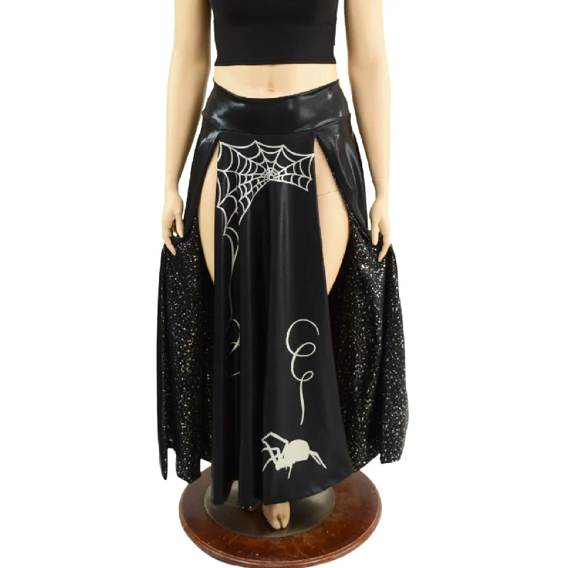 Black Mystique Double Split Skirt with Silver Spider and Star Noir Lining chiffon skirt airy