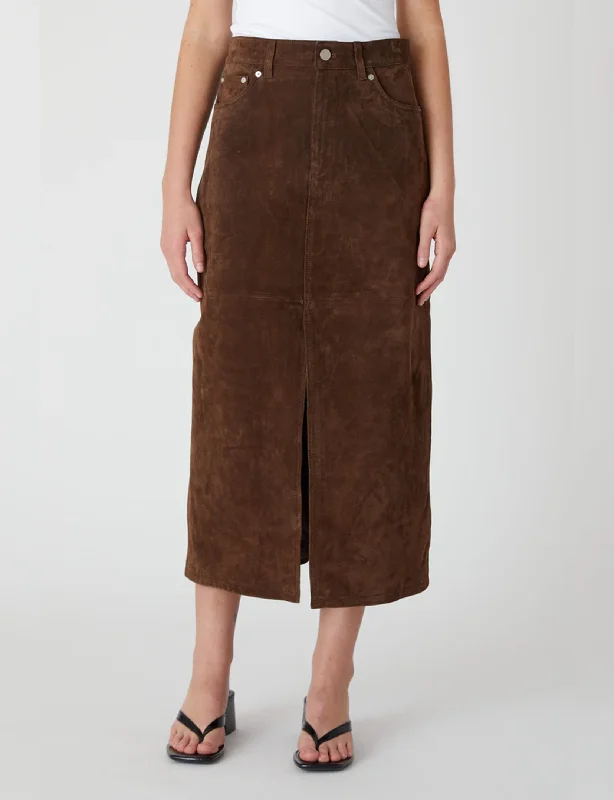 Suede Midi Skirt, Black Coffee flowy skirt hem