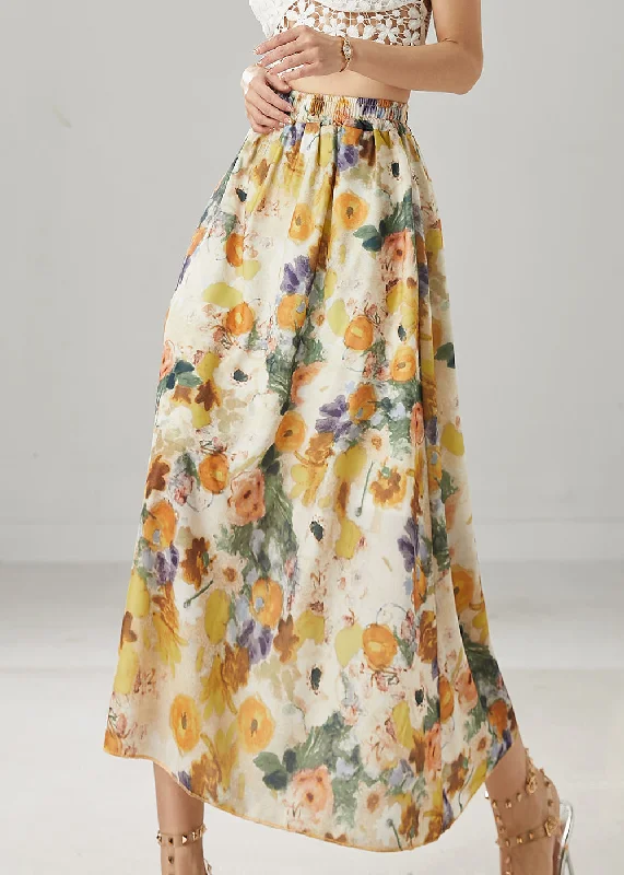 Classy Apricot Elastic Waist Print Linen Skirts Summer leather skirt bold