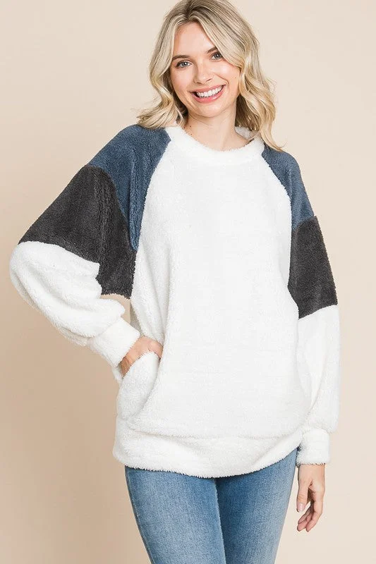 Culture Code Color Block Faux Fur Raglan Sleeve Sweatshirt Hoodie with Ribbed Neckline Snug Warm