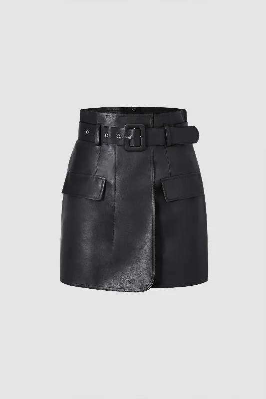 Faux Leather A-line Mini Skirt With Belt slim fit skirt