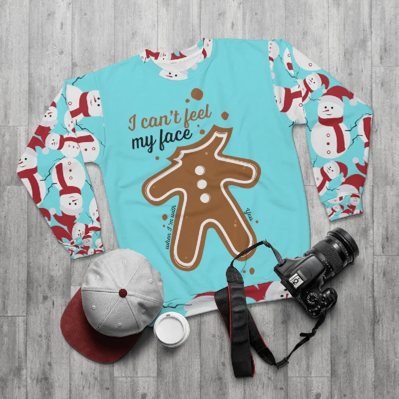 Gingerbread Christmas Unisex Sweatshirt, Gingerbread Light Blue Cute Snowman Christmas Party Unisex Sweatshirt - Made in USA Hoodie with Hem Patch Decorative Personalized