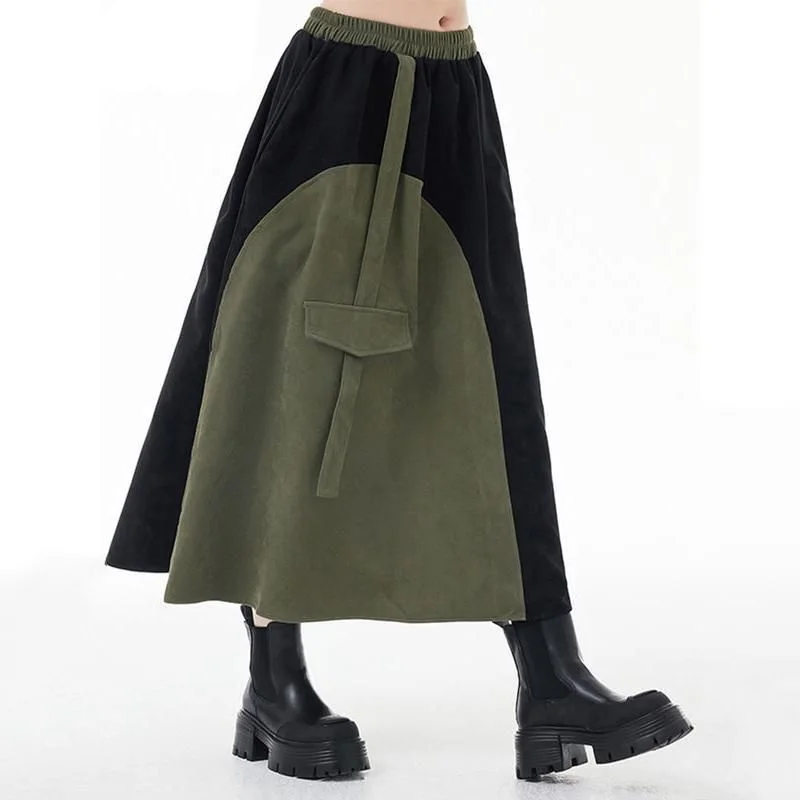 Green & Black Asymmetric A-Line Skirt chiffon skirt airy
