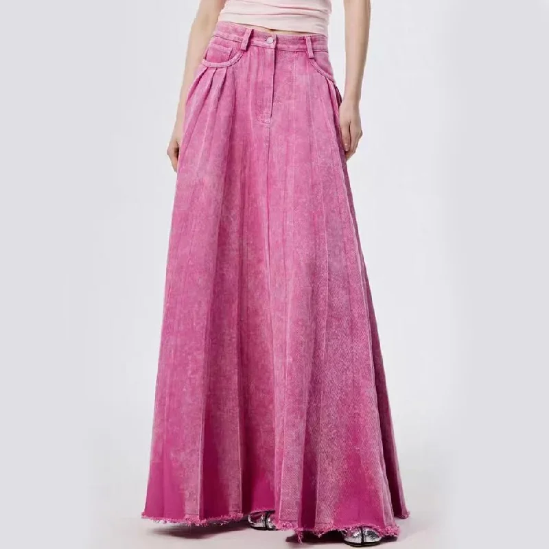 High Waist A-line Floor-Length Denim Skirt in Flash Rose Pink silk skirt lustrous