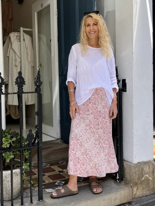 Jiva Midi Linen Prudence Skirt- Clay Moroccan Tile Print silk skirt smooth