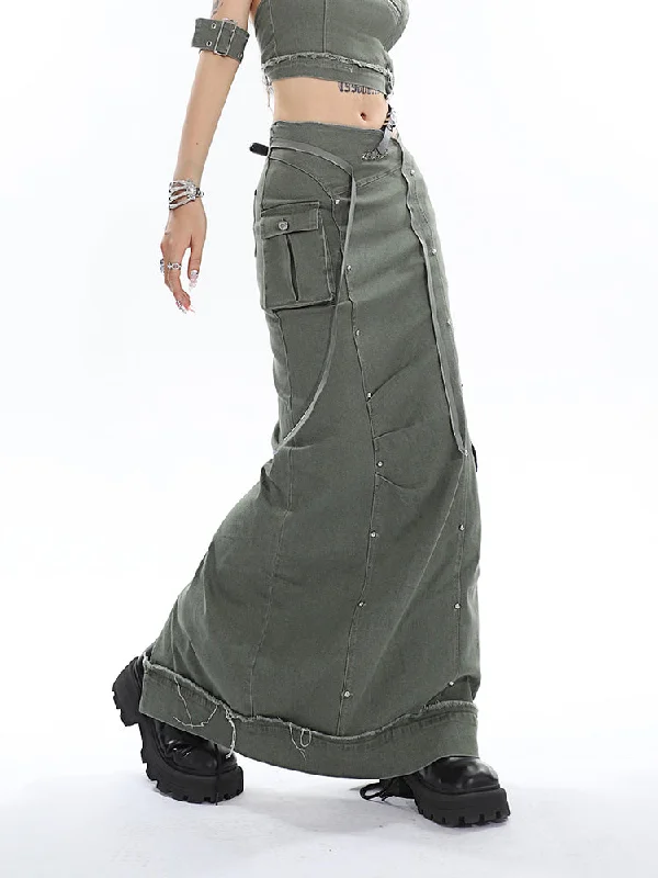 Joy Solid Color Denim Patchwork Multi-Pocket High Waist Long Cargo Skirt chiffon skirt floaty