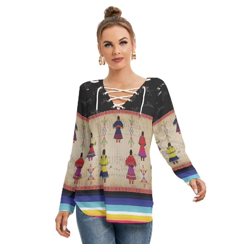Ledger Round Dance Midnight Women's Long Sleeve Neckline Tie Sweatshirt Hoodie with Drawstring Waist Adjustable Fitted