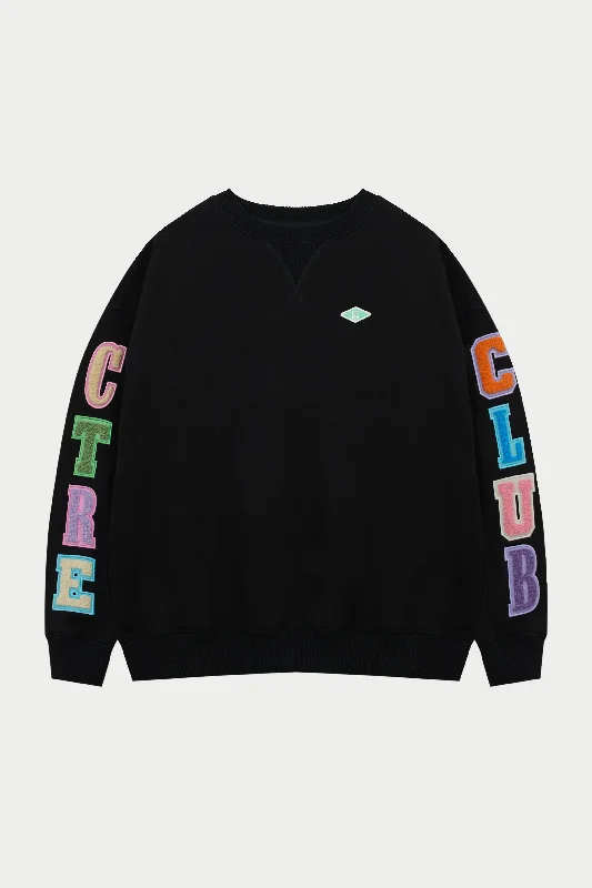 MULTIBADGED CHENILLE SWEATSHIRT - BLACK Hoodie with Button Classic Timeless