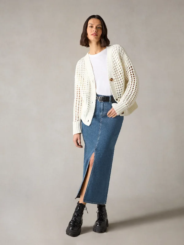 Petite Mid Wash Blue Denim Midaxi Skirt a-line skirt cut