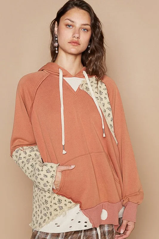 POL Floral Patchwork Distressed Drawstring Hoodie Hoodie with Thumb Holes Functional Cozy POL Floral Patchwork Distressed Drawstring Hoodie Hoodie with Thumb Holes Functional Cozy