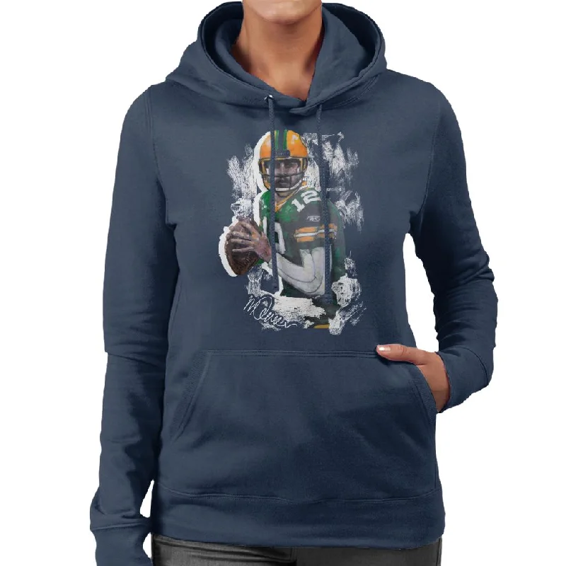 Sidney Maurer Original Portrait Of Aaron Rodgers Women's Hooded Sweatshirt Hoodie with Hem Frayed Vintage Worn