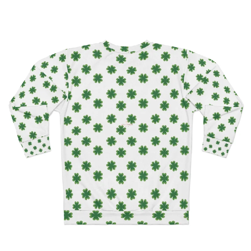 White St. Patty's Day Sweatshirt, St. Patrick's Day Green Clover Print Unisex Sweatshirt Couples Tops Outfit - Made in USA Hoodie with Hem Drawcord Adjustable Customizable