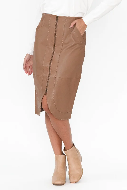 Stella Brown Leather Curved Hem Skirt lace skirt elegant
