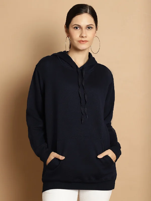 Vimal Jonney Navy Blue Solid Hooded Cotton Fleece Sweatshirt for Women Hoodie with Raw Hem Edgy Unfinished