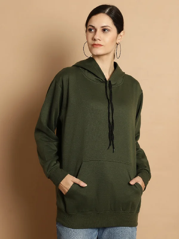 Vimal Jonney Olive Solid Hooded Cotton Fleece Sweatshirt for Women Hoodie with Raglan Sleeves Sporty Comfortable