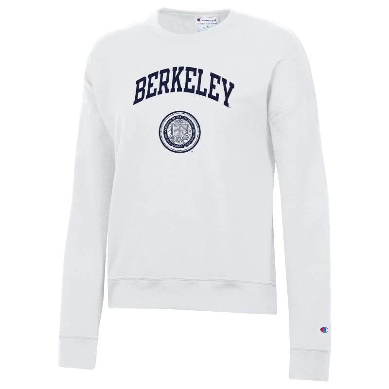 U.C. Berkeley arch & seal women's Champion crew-Neck sweatshirt-White Hoodie with Sequins Glamorous Eye-catching