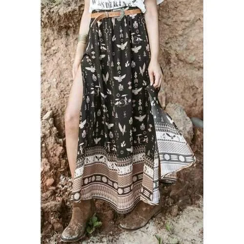Trendy High-Waisted High Slit Multielement Print Women's Long Skirt - Black S denim skirt trendy