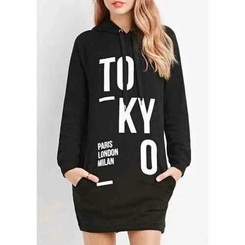 Casual Hooded Letter Print Long Sleeve Long Hoodie For Women - Black M Hoodie with Tied Waist Feminine Flattering