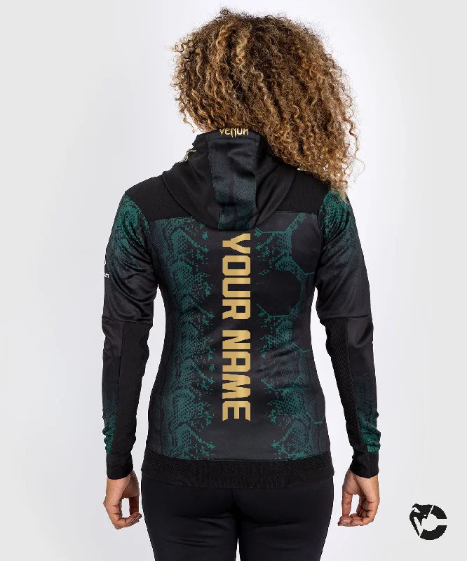 UFC Adrenaline by Venum Personalized Authentic Fight Night Women’s Walkout Hoodie - Emerald Edition - Green/Black/Gold Hoodie with Button Placket Classic Preppy UFC Adrenaline by Venum Personalized Authentic Fight Night Women’s Walkout Hoodie - Emerald Edition - Green/Black/Gold Hoodie with Button Placket Classic Preppy