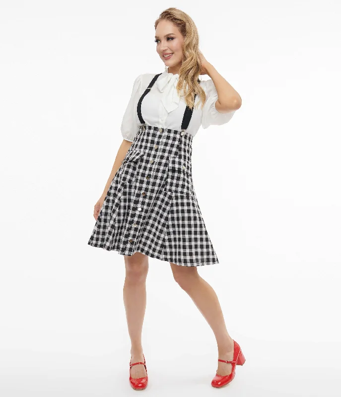Unique Vintage 1950s Black & White Gingham Suspender Flare Skirt ruffled skirt detail