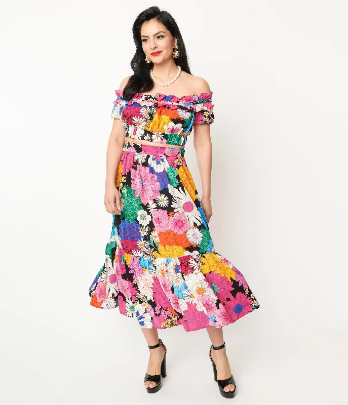 Unique Vintage 1970s Black & Rainbow Floral Midi Skirt tiered skirt playful