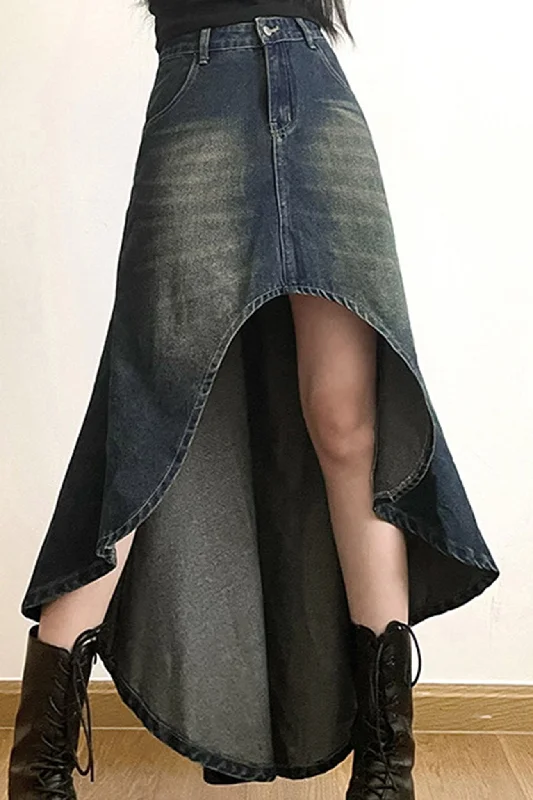 BerryBetty - Wash High Rise Distressed Irregular Denim Skirt chiffon skirt airy