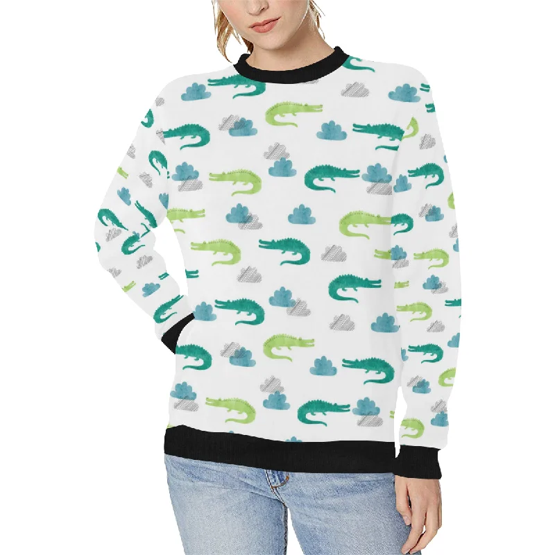watercolor crocodile pattern Women's Crew Neck Sweatshirt Hoodie with Batwing Sleeves Loose Dramatic